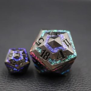 33mm Oversize D20 Chonk Metal Shiny Black with 7 Colours Mica Dice