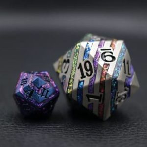33mm Oversize D20 Chonk Metal Antique Silver with 7 Colours Mica Dice