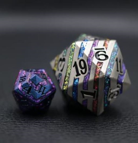 33mm Oversize D20 Chonk Metal Antique Silver with 7 Colours Mica Dice