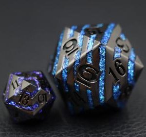 33mm Oversize D20 Chonk Metal Shiny Black with Bright Blue Mica Stripes