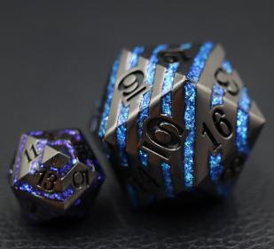 33mm Oversize D20 Chonk Metal Shiny Black with Bright Blue Mica Stripes