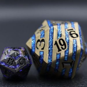 33mm Oversize D20 Chonk Metal Antique Bronze with Bright Blue Mica Stripes