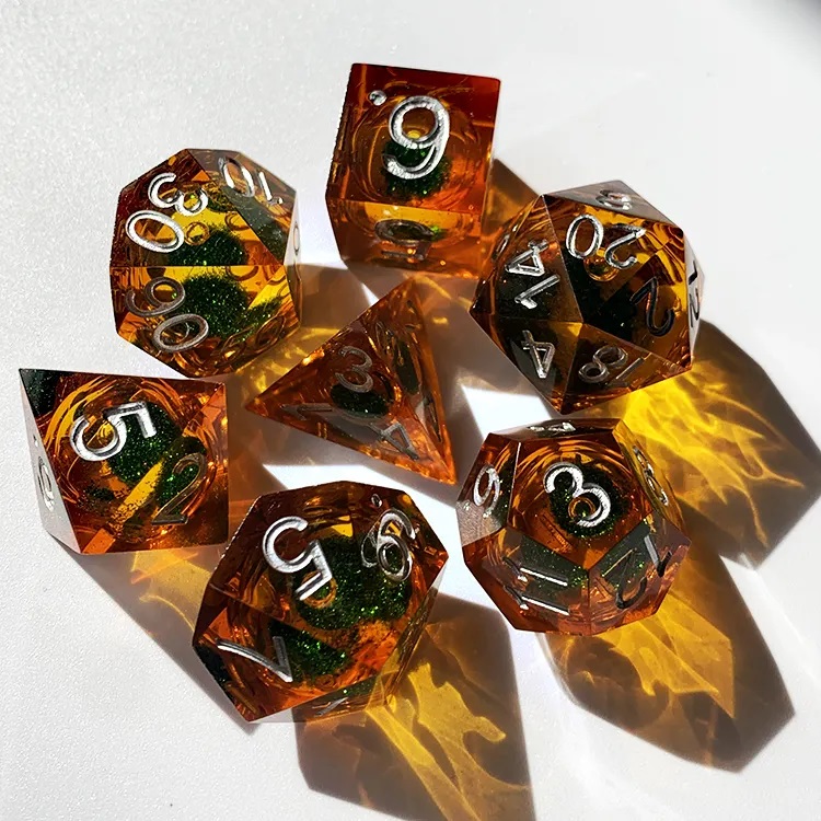 Sharp Edged Liquid Core Amber with Green Dice