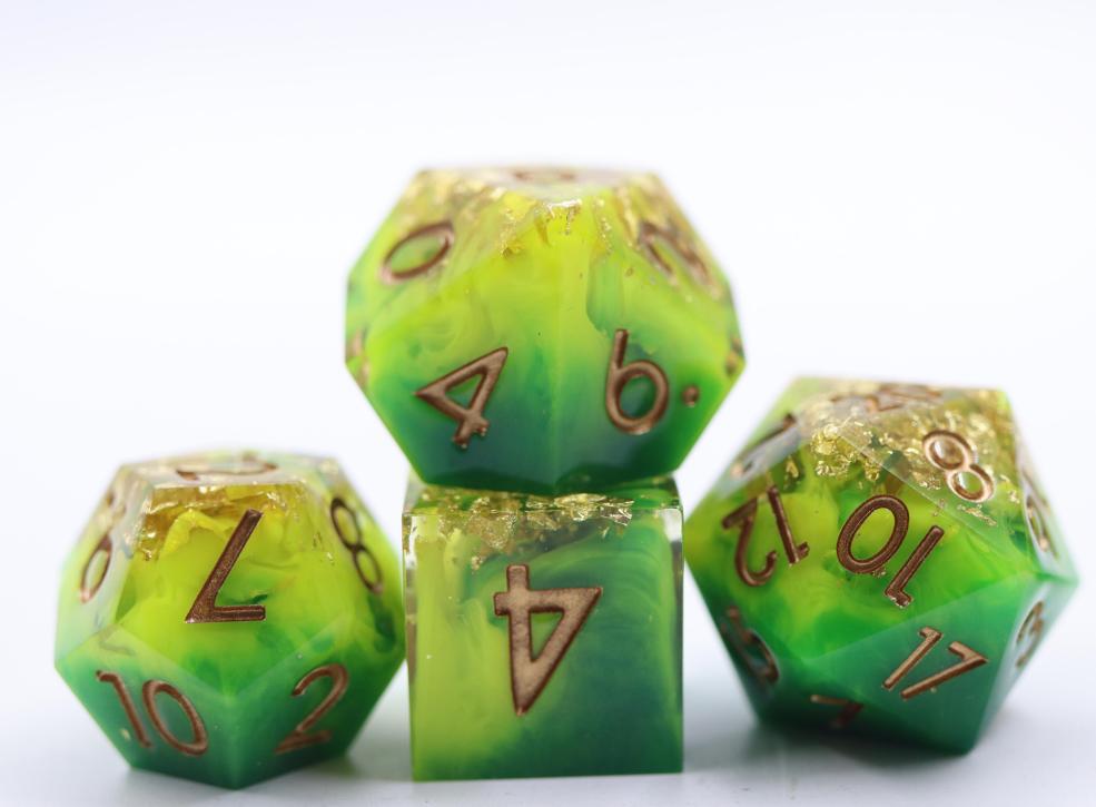 Sharp Edged Green and Yellow with Gold Foil Dice