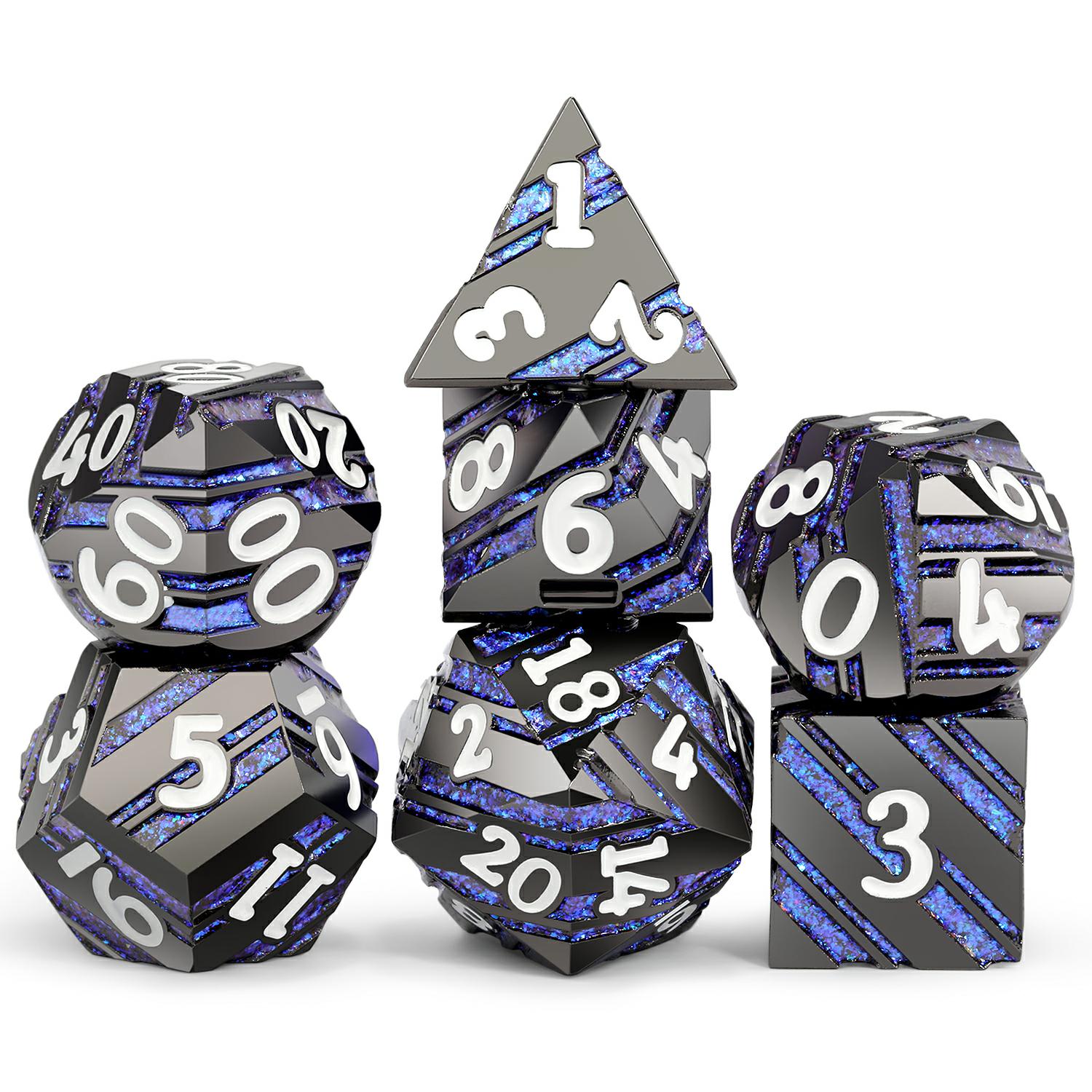 Solid Metal Black and Blue Striped Metal Dice