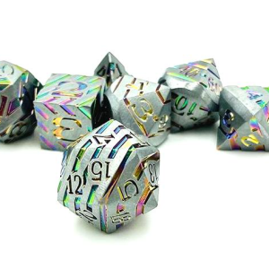 Solid Metal Matte Silver Rainbow Stripe Dice