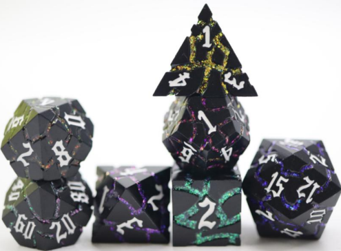 Rainbow Rift Matte Black Cracked Metal Dice
