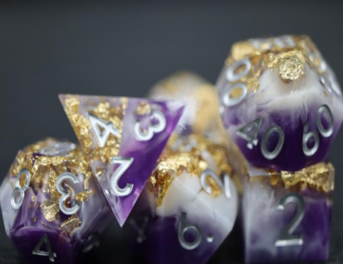 Sharp Edged Purple and White with Gold Foil Dice