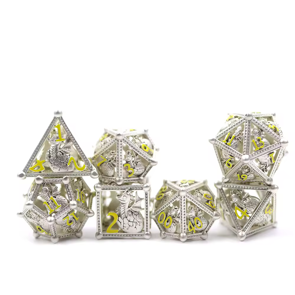 Hollow Metal Baby Dragon in Egg Dice - Matte Silver - Image 2
