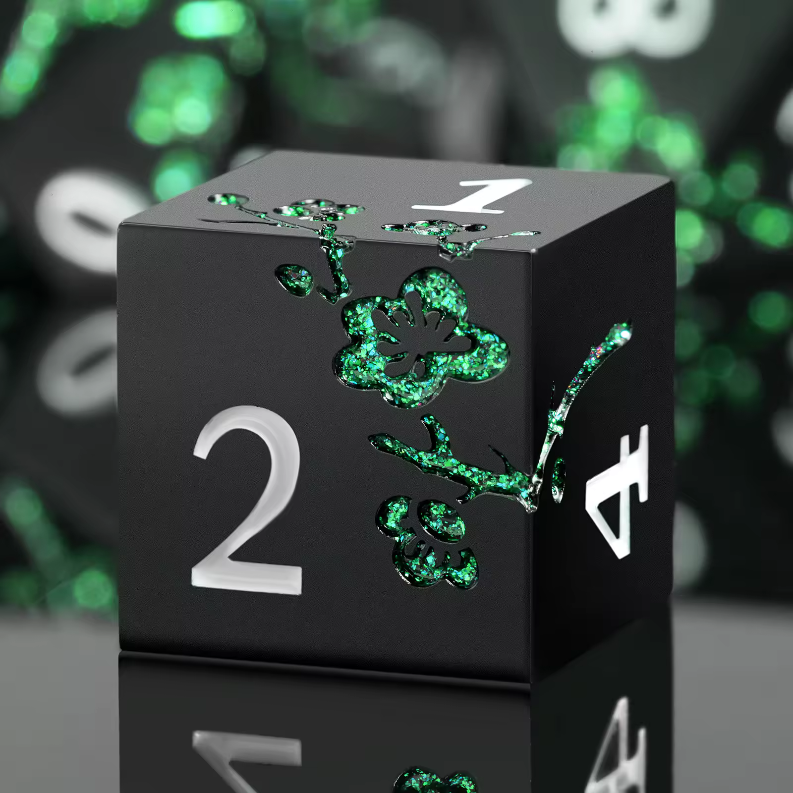 Solid Metal Black with Green Glitter Sakura Dice - Image 2