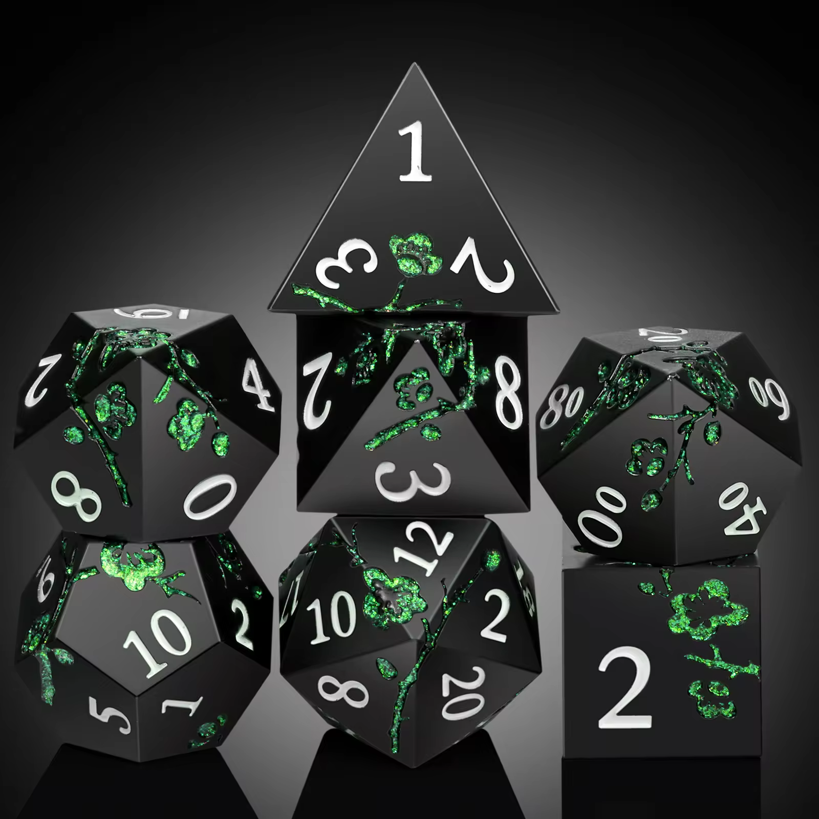 Solid Metal Black with Green Glitter Sakura Dice