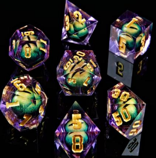 Purple with Green Snake Eye Dice Set