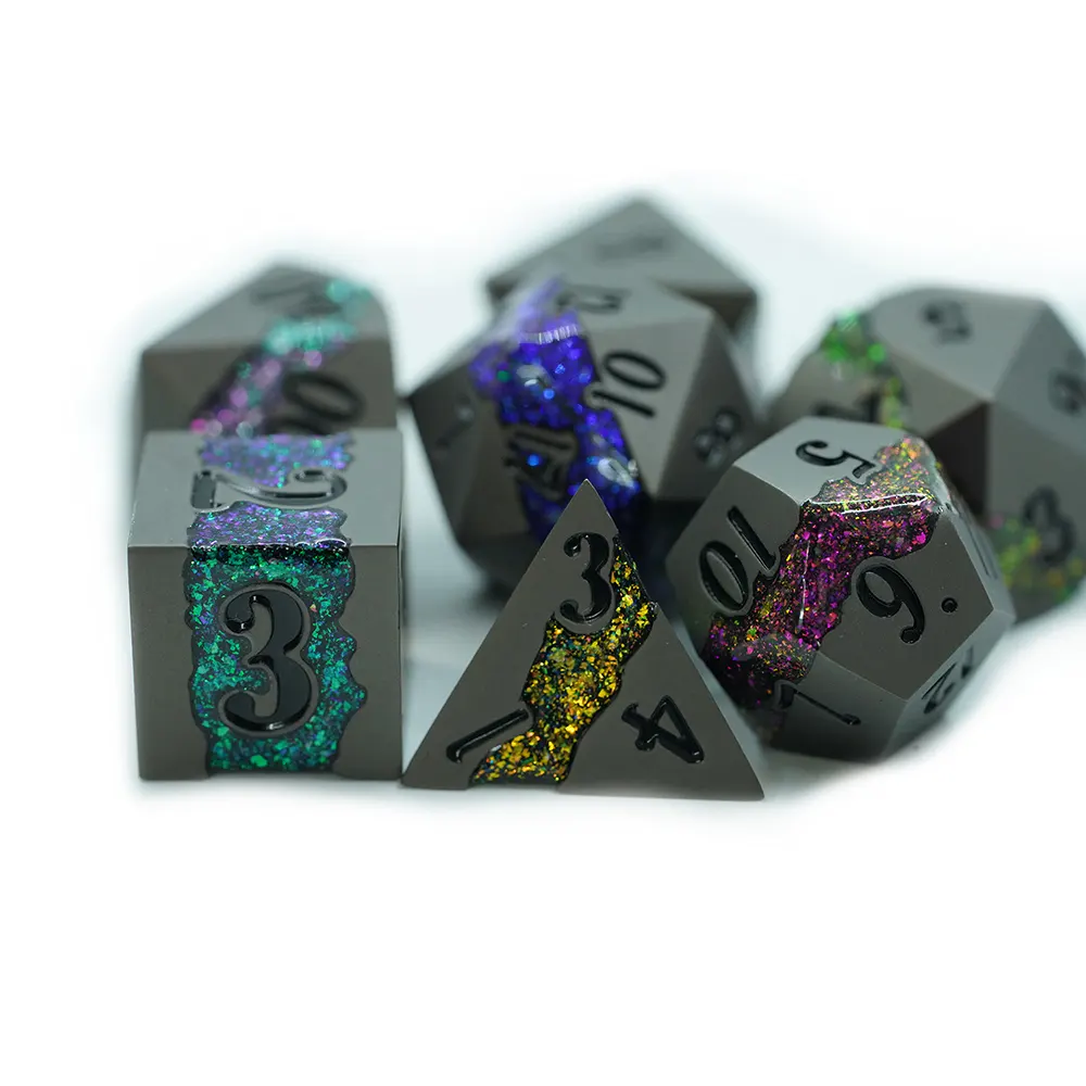 Matte Black Metal 7 Colour Mica Stripe Dice - Image 2