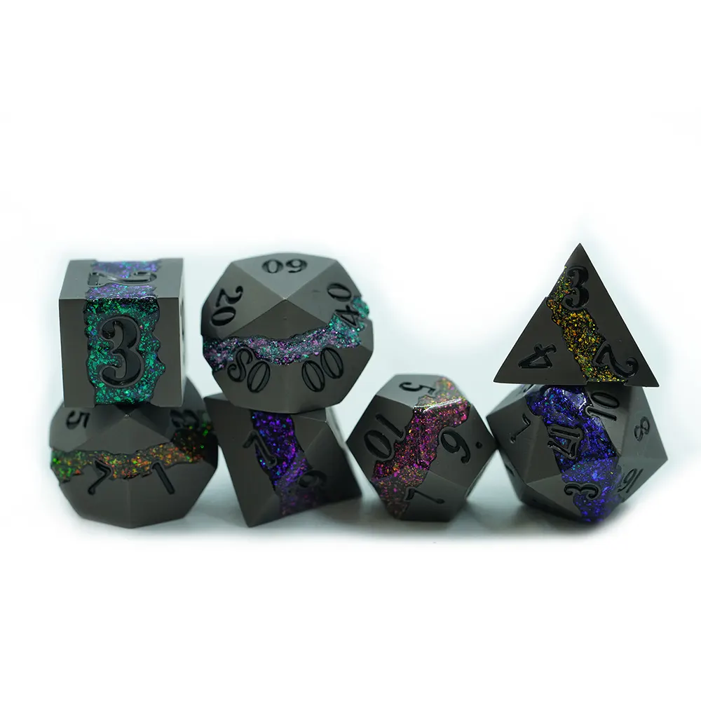 Matte Black Metal 7 Colour Mica Stripe Dice