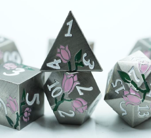 Antique Silver with Pink Tulips Dice Set