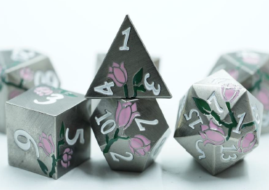Antique Silver with Pink Tulips Dice Set